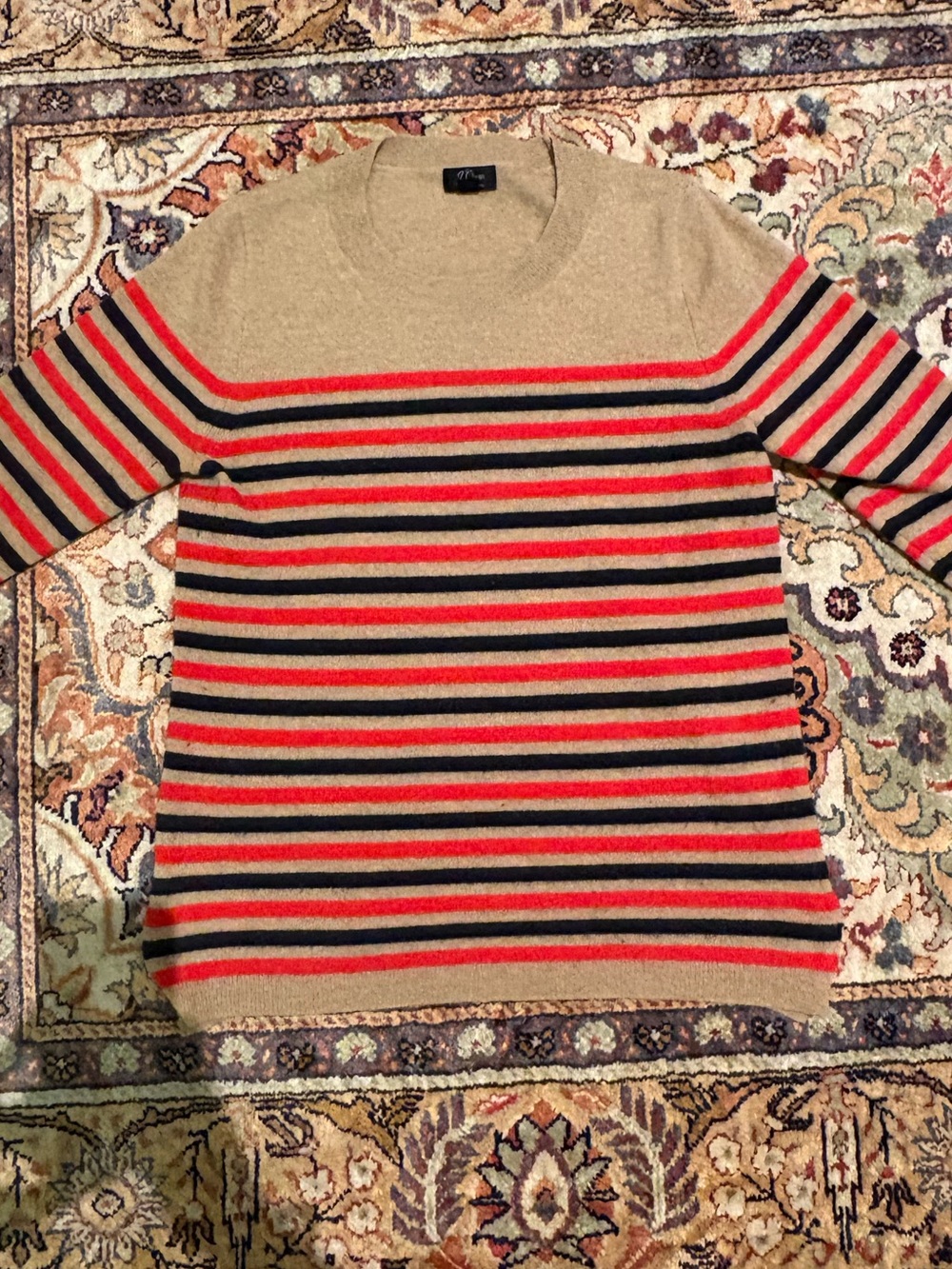 J.Crew 100% Cashmere Camel Raised Stripe Sweater Red Navy M